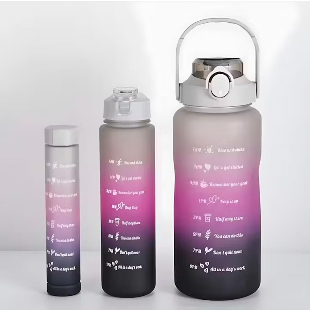 3-in-1 Trendy Motivational water bottle set with Time Markers & Inspirational Quotes(2000ml, 900ml, 300ml)