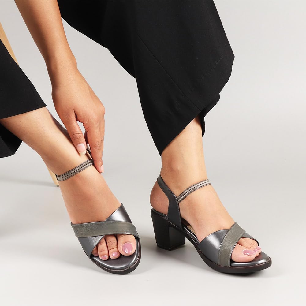 Indifeet Stylish Block Heel Party Wear Sandals - Grey - View 4
