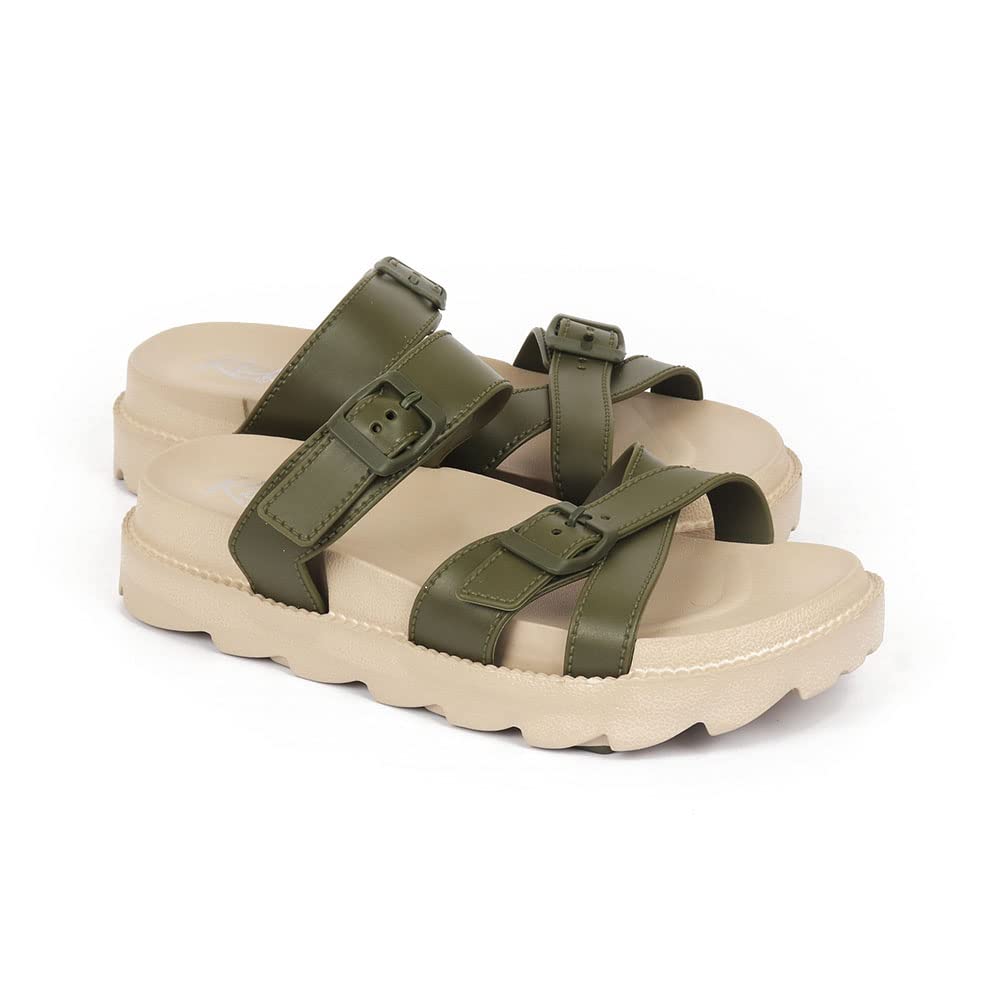 Indifeet Open Toe Buckle Sliders for Women - Green - Image 11