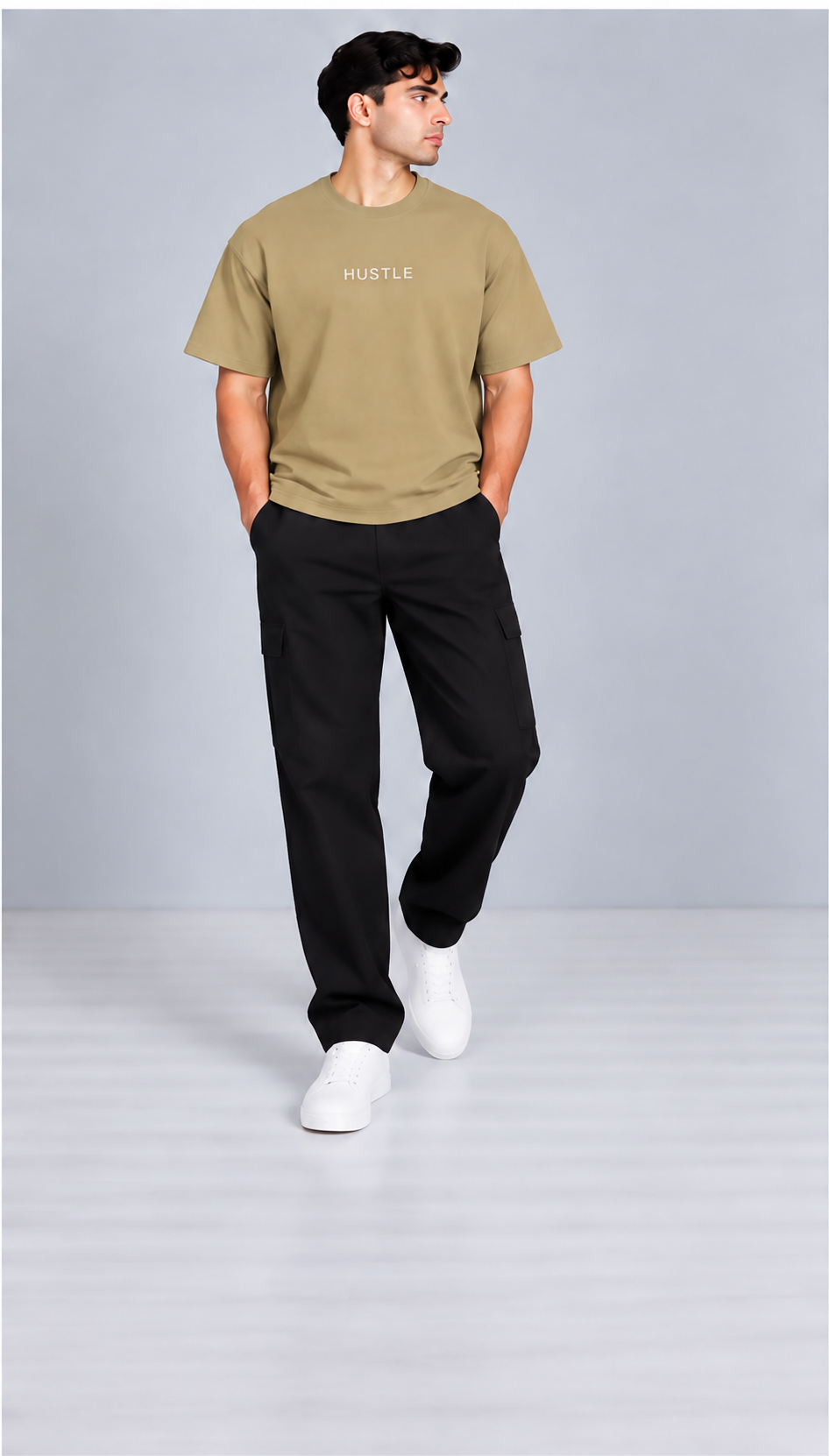 HUSTLE Men's Crew Neck Oversized T-Shirt – Mushroom Beige