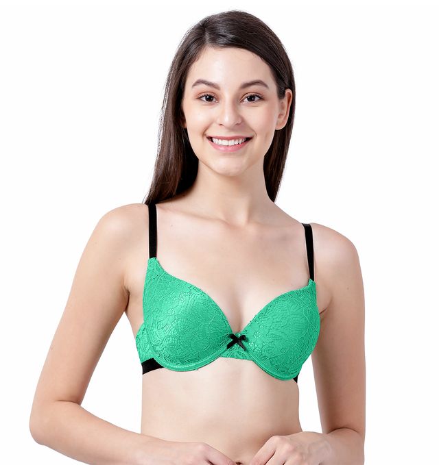 Susie Half Coverage Green Lace Black Strap Padded Adjustable, Non Detacahable wired Plunge Bra