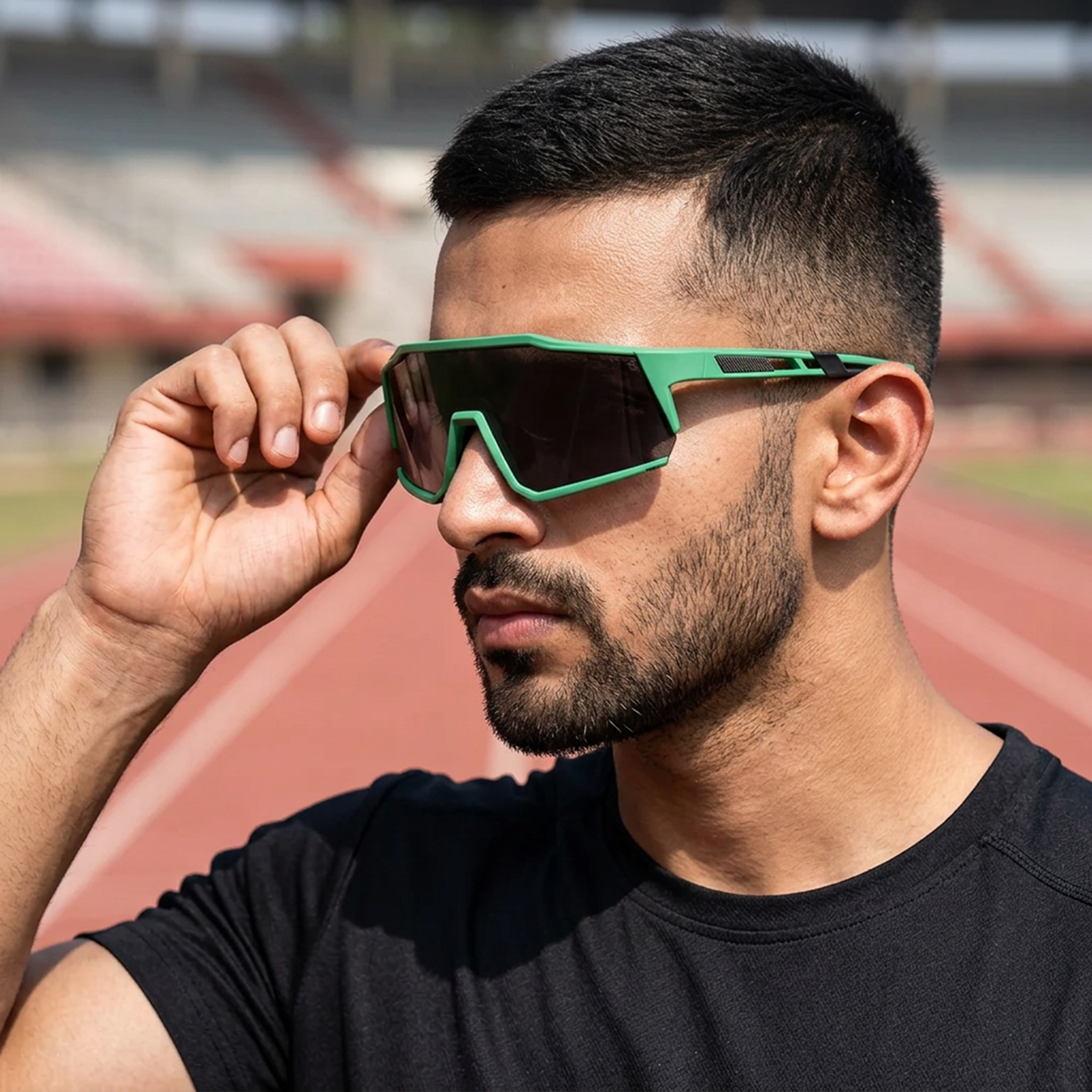 Eyejack Green Wrap Around Sunglasses for Men and Women - Style 1296 - worn by a male model (image 1)