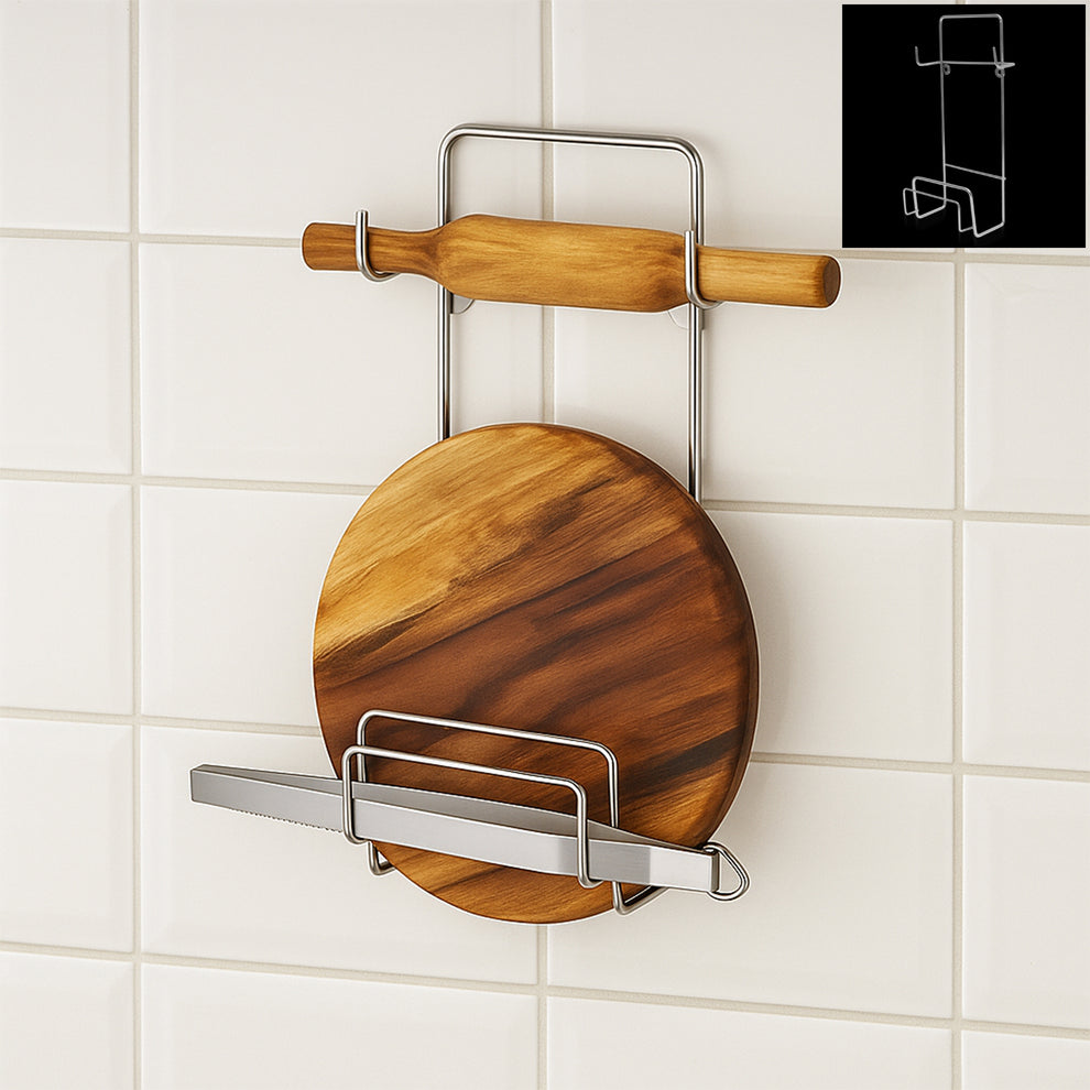 Chakla Belan Chimta Stand Rolling Pin Board Tong Holder Silver Stainless Steel Multi-purpose Rack For Kitchen (1 Pc )