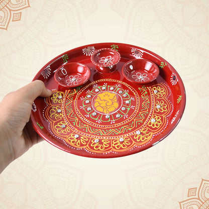 Hand-Painted Decorative Pooja Thali with Ganesha Motif and Diyas – Traditional Festive Design (1 Pc)