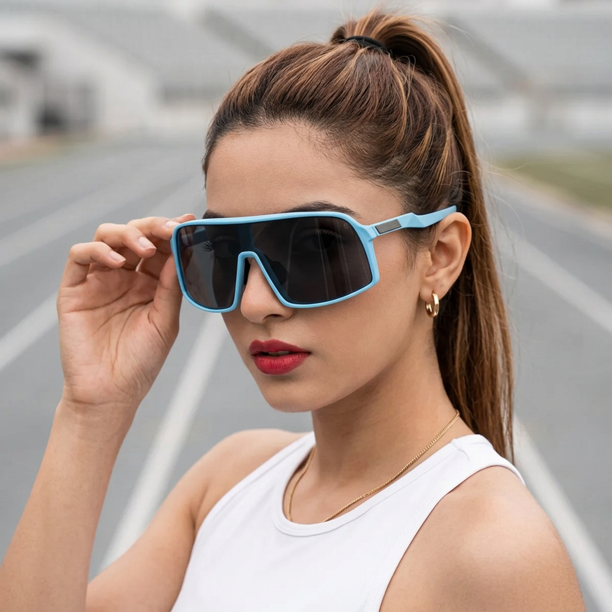 Eyejack Blue Wrap Around Sunglasses for Men and Women - Style 1299 - worn by a male model (image 3)