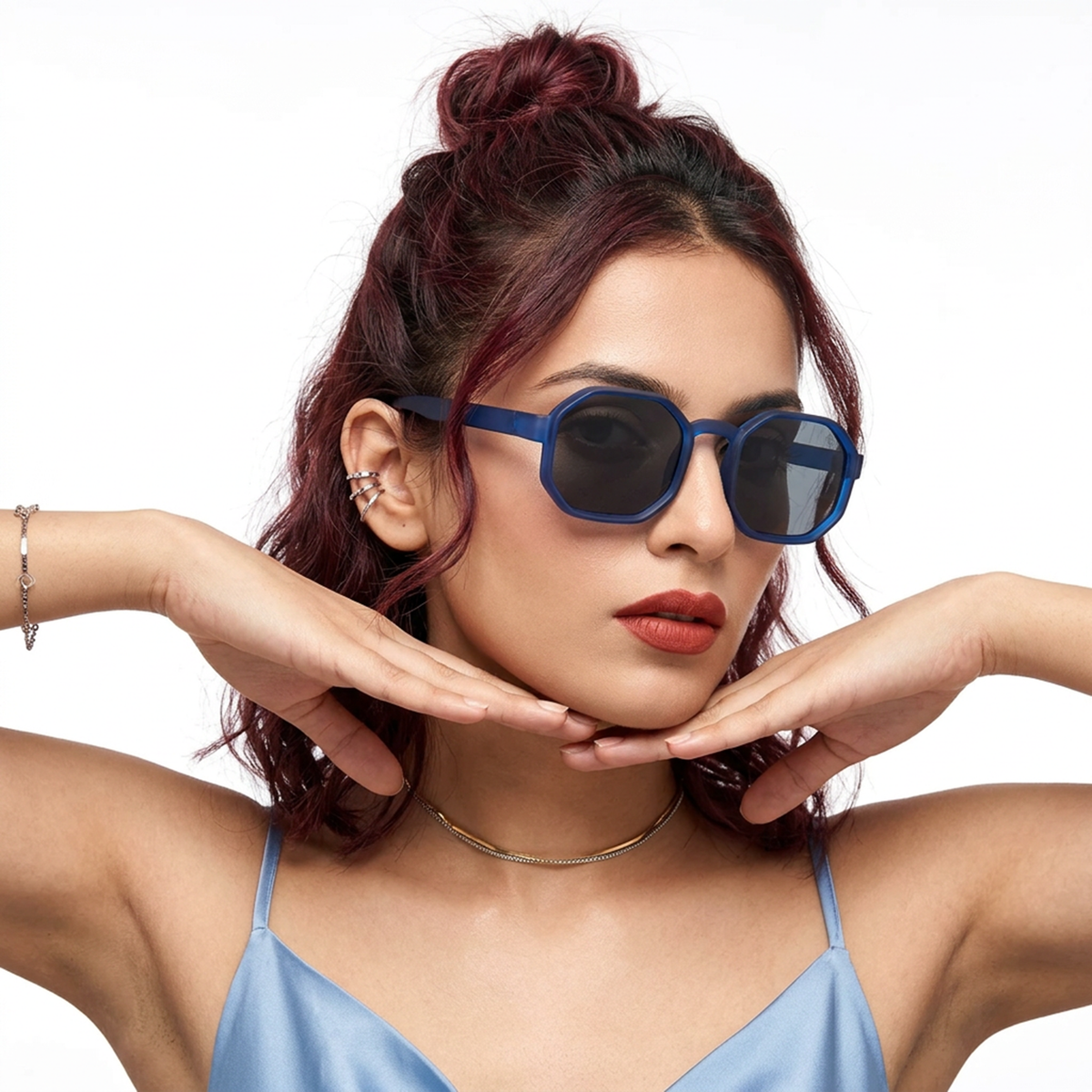 Eyejack Blue Hexagonal Sunglasses for Men and Women - worn by a male model (image 3)