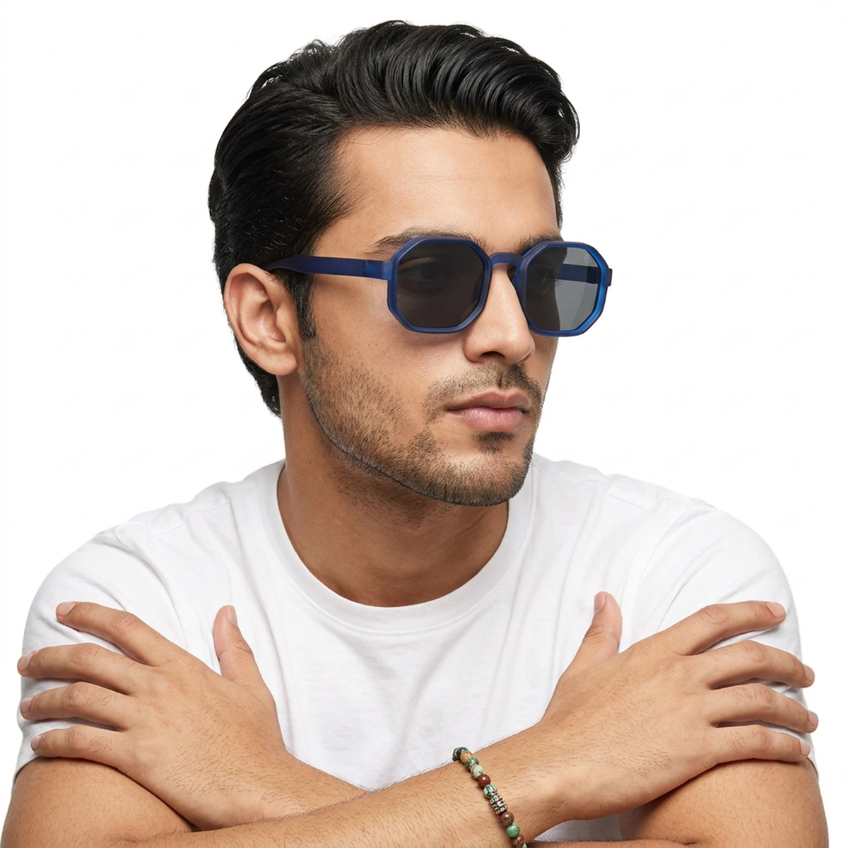 Eyejack Blue Hexagonal Sunglasses for Men and Women - worn by a male model (image 1)