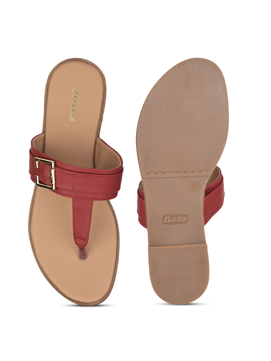 Bata Women's Red Casual T-Strap Flats - Red