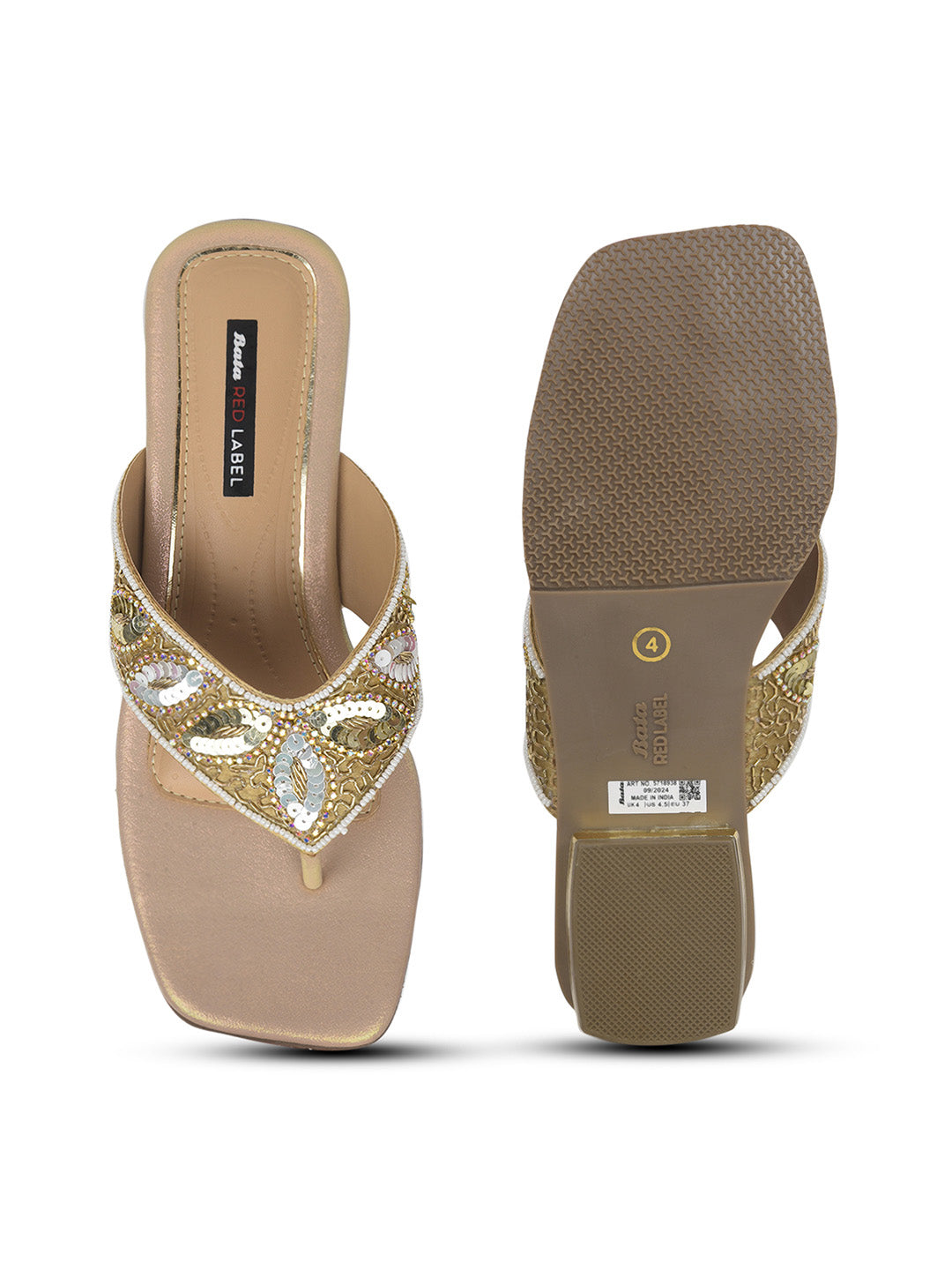 Bata Women Gold Block Heel Toe Ring Sandal - Gold - View 4