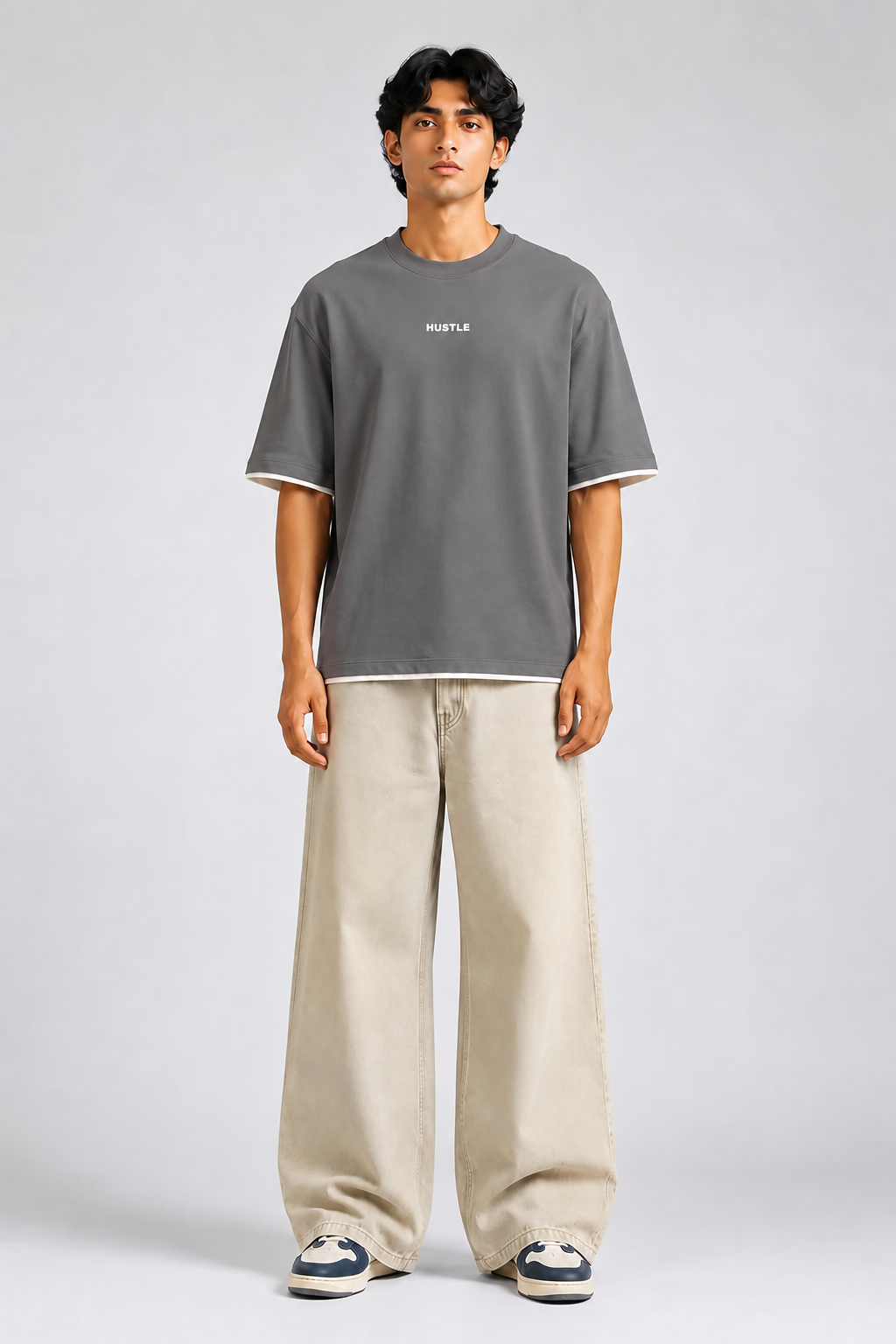 HUSTLE Men's Crew Neck Oversized Tees - Iron Gray