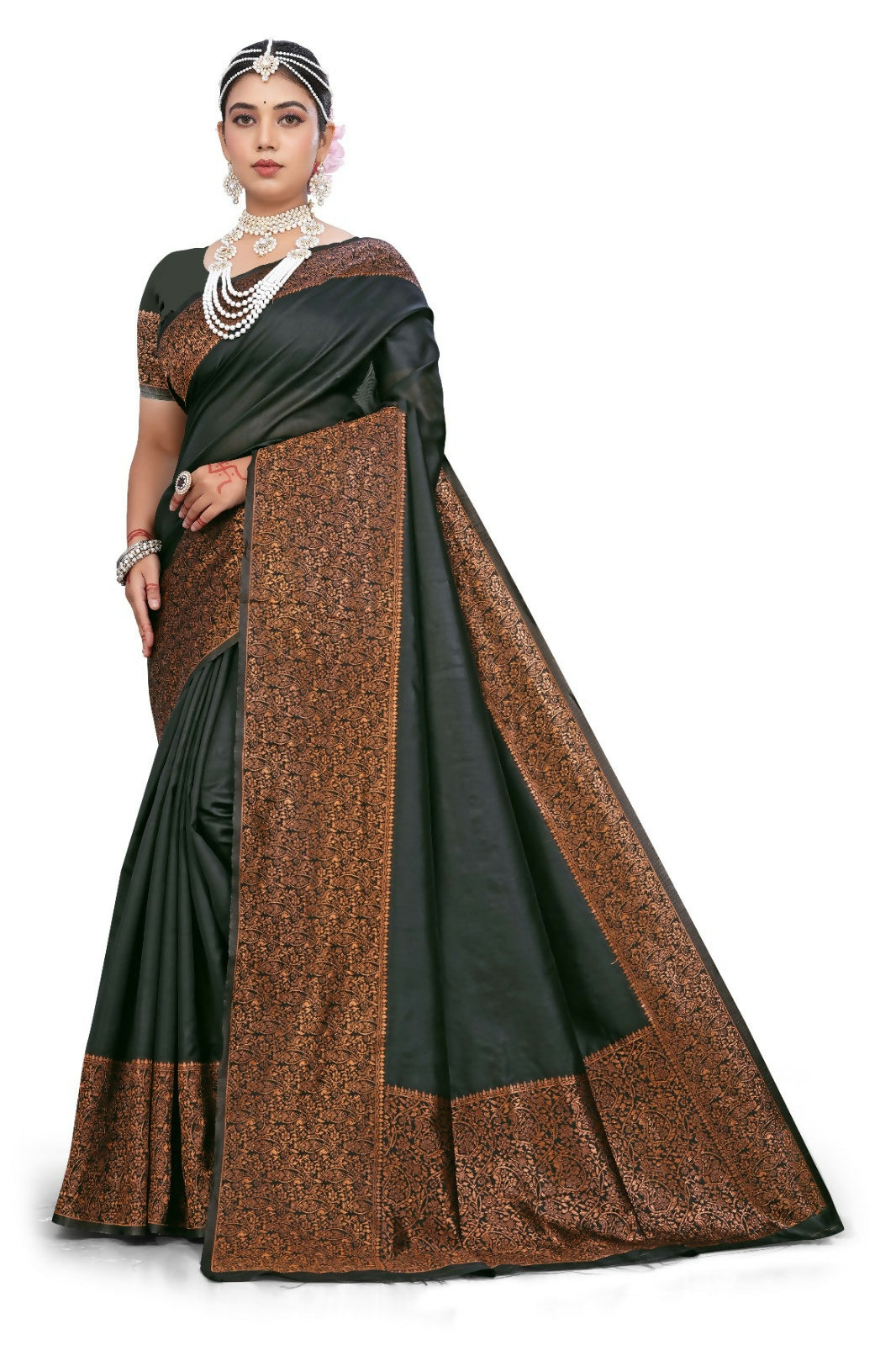 AXONIT Luxury Royal Black Silk Saree with Heavy Copper Zari Border