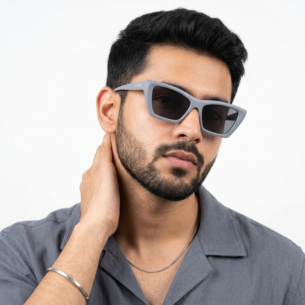 Eyejack Grey Cateye Sunglasses for Men and Women - Style 1108 - worn by a male model (image 1)
