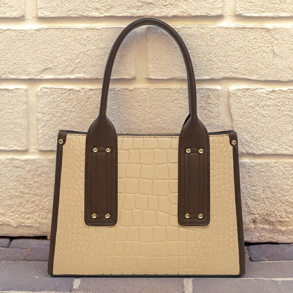 Crocodile Embossed Beige Handbag with Brown Handles