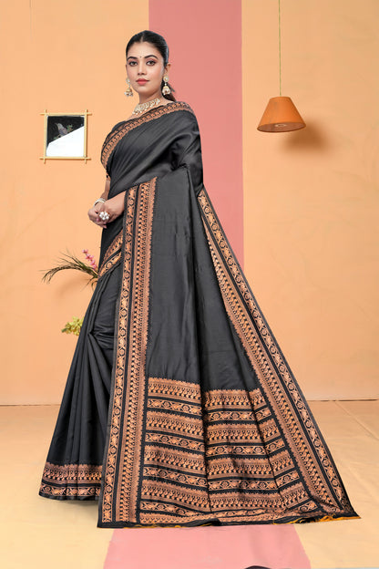 AXONIT Black Banarasi Silk Saree with Antique Copper Zari Border & Pallu