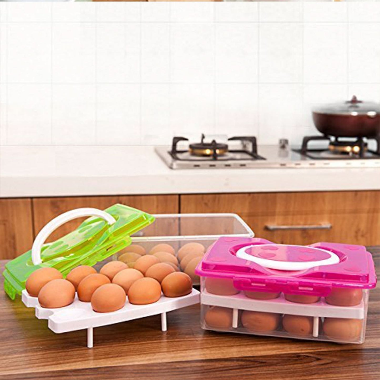 2-Layer 32 Grid Egg Tray with Lid – Storage Container with Handle (1 Pc)
