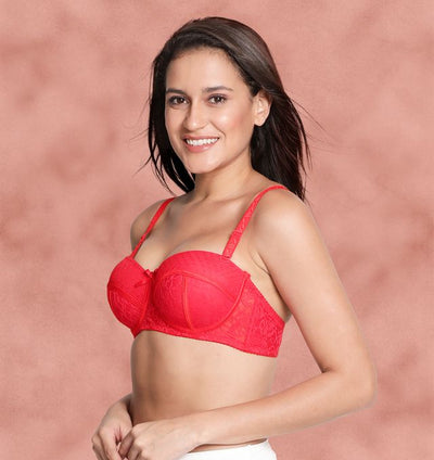 Susie Half Coverage Hot Red Lace Overlay Adjustable, Detachable, MultiwayPadded Balconette Bra