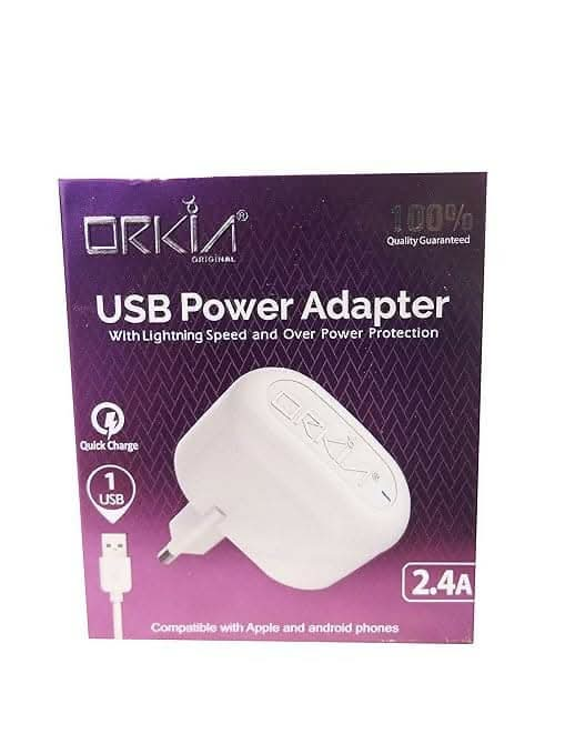 Orkia 2.4A Fast Charging USB Adapter with Data Cable