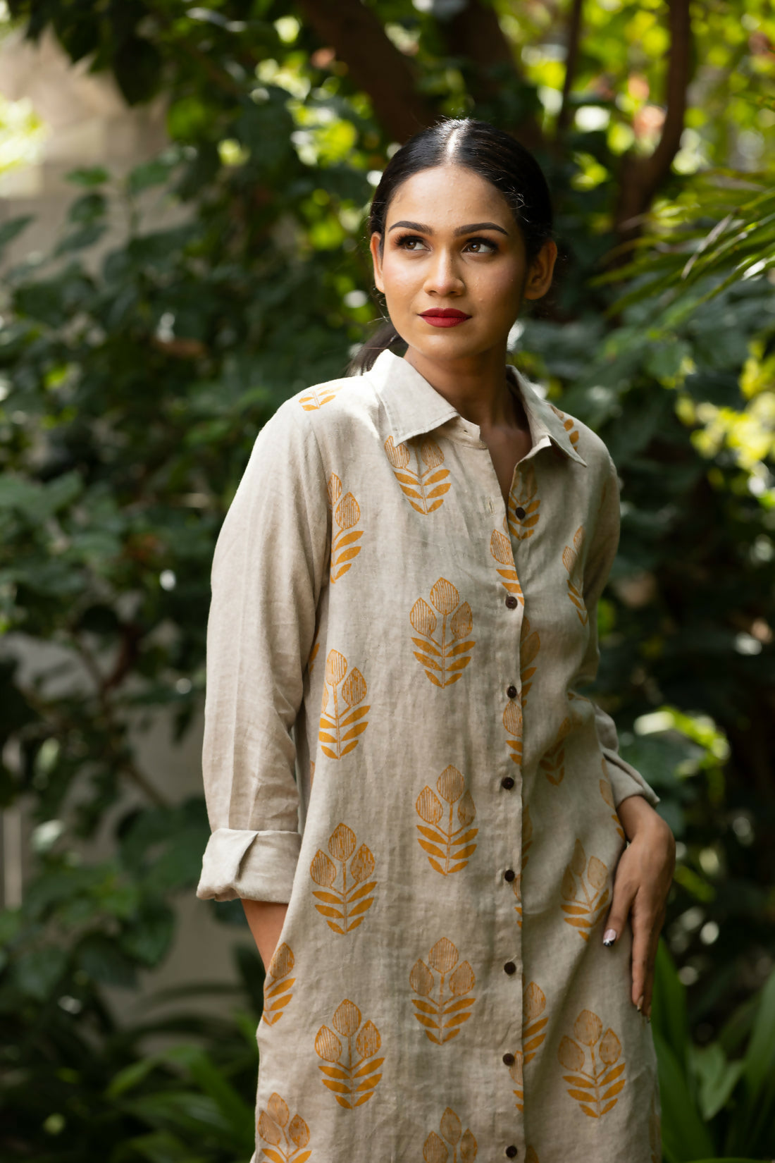 Maple Comfortable Linen Hand Printed Mustard Shirt Dress With Full Sleeves Studio Sienna