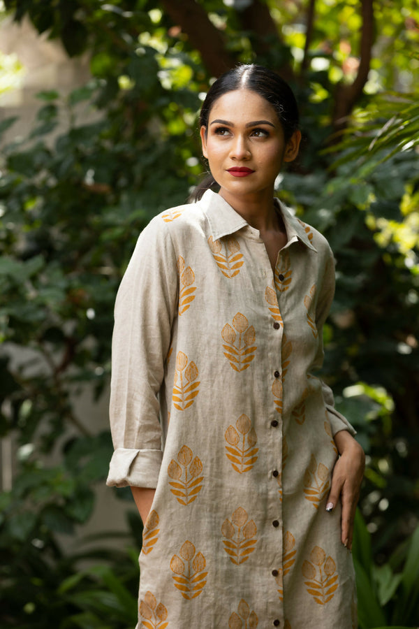 Maple Comfortable Linen Hand Printed Mustard Shirt Dress With Full Sleeves Studio Sienna