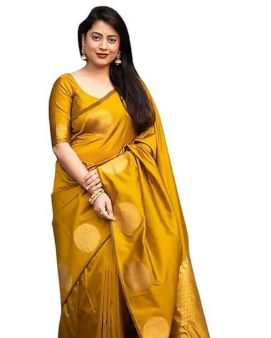 AXONIT Traditional Banarasi Silk Saree with Golden Zari Border & Pallu
