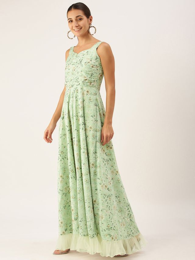 Bollywood Vogue Ready To Wear Green Muslin Ruched Maxi Dress