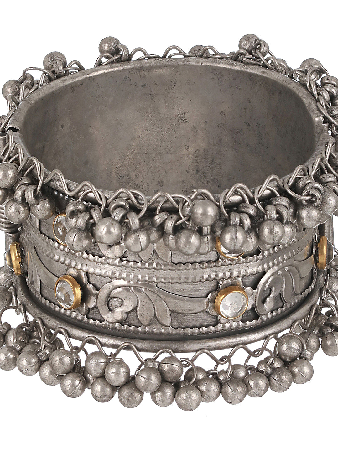 Silver-Plated Oxidised & Kundan Studded Kada Bracelet