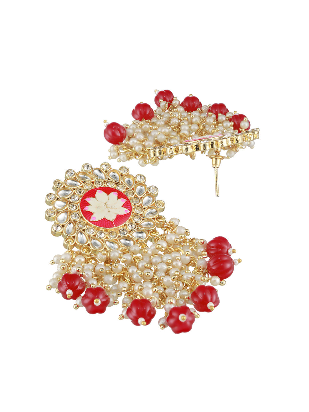Maroon Gold Plated &Cz Studded & Beaded Meenakari Drop Earrings