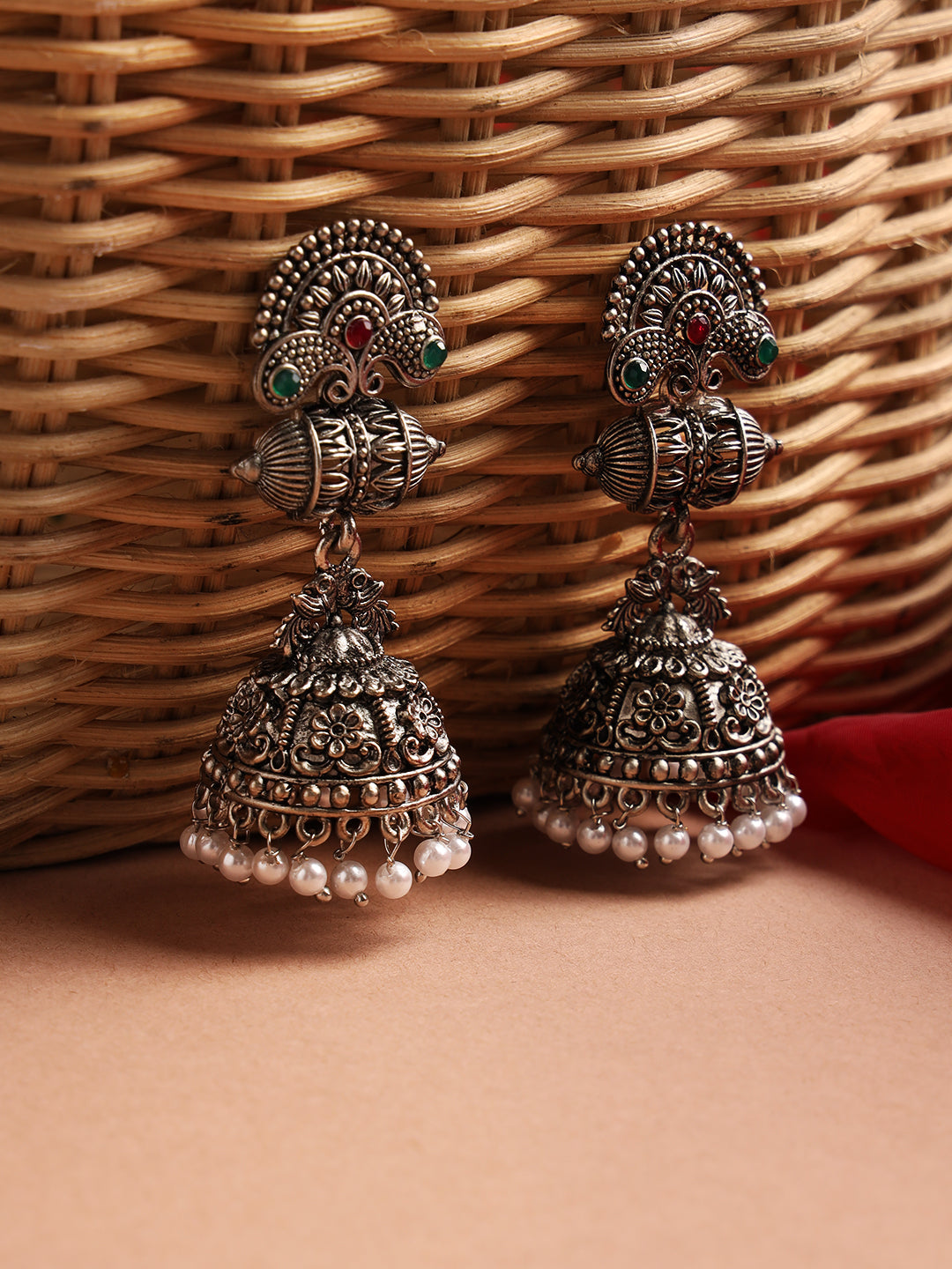 Oxidised Peacock Shaped Silver-Plated Red & Green Stone Studded & Beaded Jhumkas