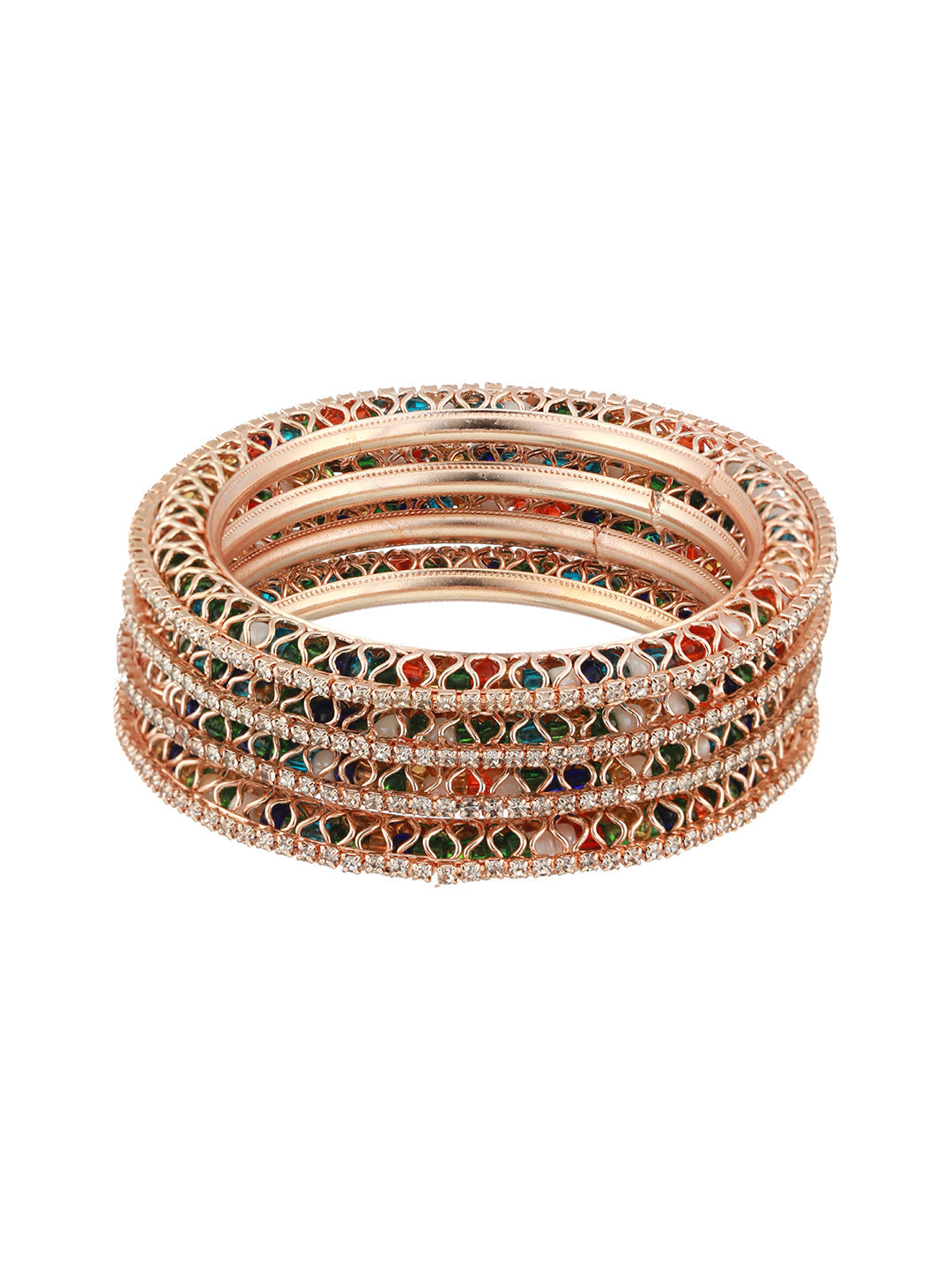 Set Of 4 Rose Gold Plated Stone-Studded Crystal-Beaded Bangles
