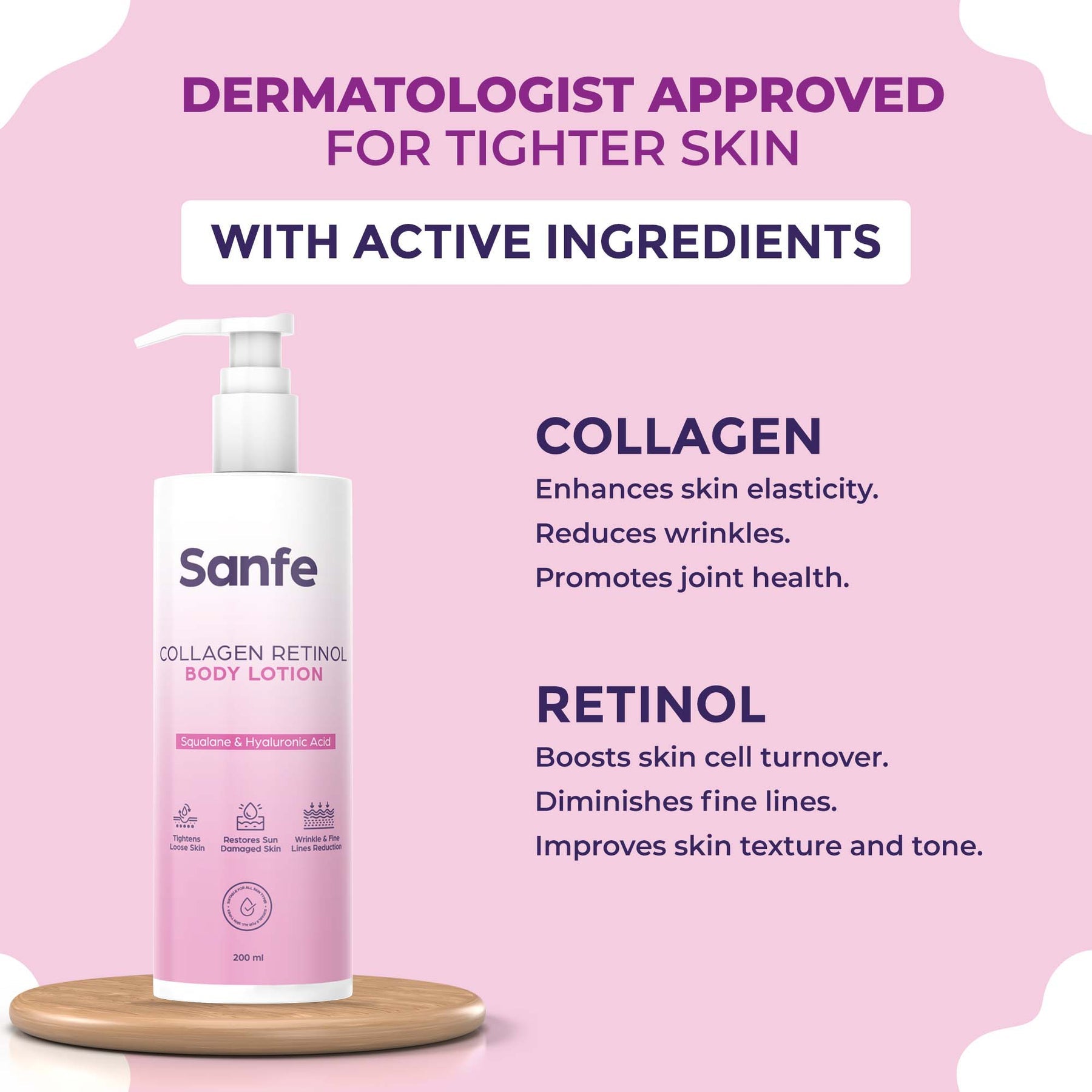 Sanfe Collagen Retinol Body Lotion For Skin Tightening, Firming, Stretch Marks, Wrinkles & Anti Aging Brighter, Soft Skin For Men & Women - 200ml
