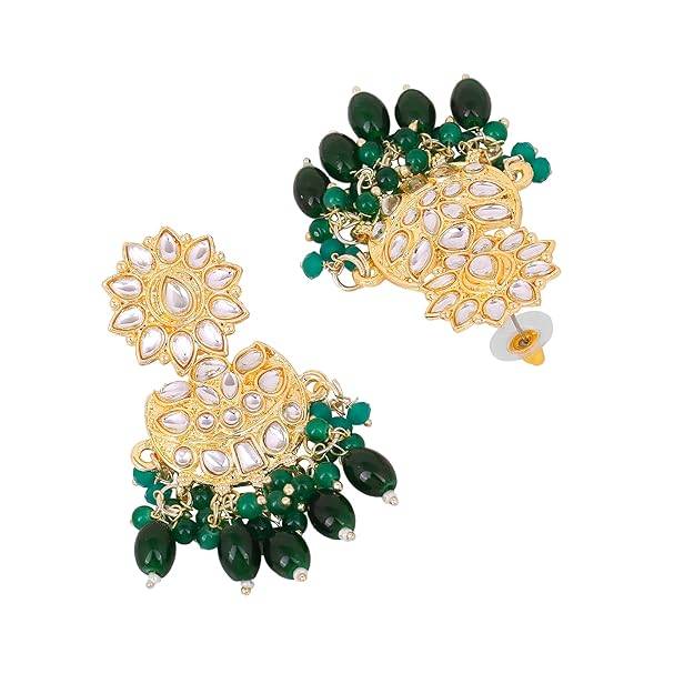 Jazz And Sizzle Green & Gold Plated Floral Shaped Drop Earrings