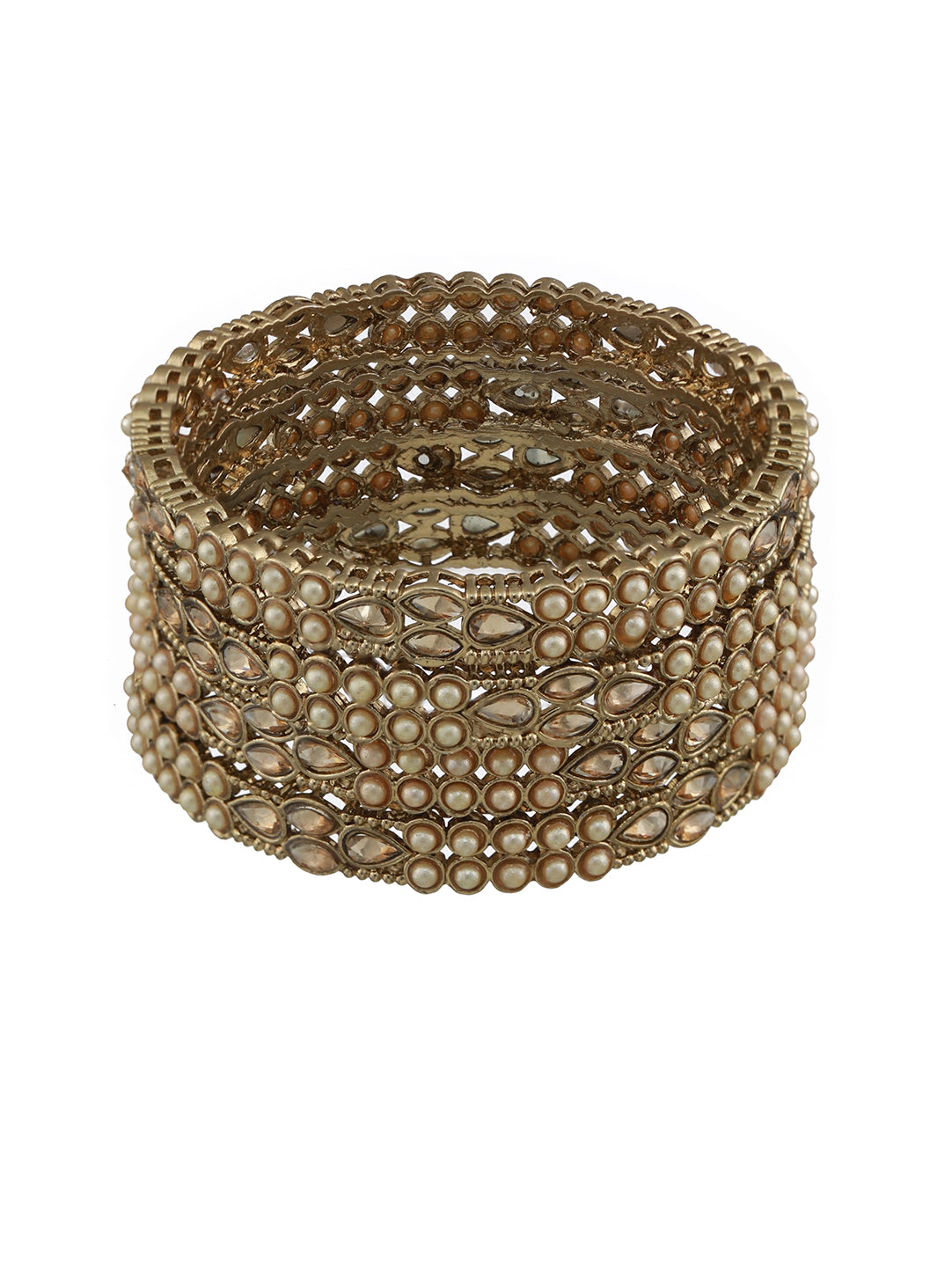 Set Of 4 Gold-Plated Kundan Studded & Pearls Beaded Bangles