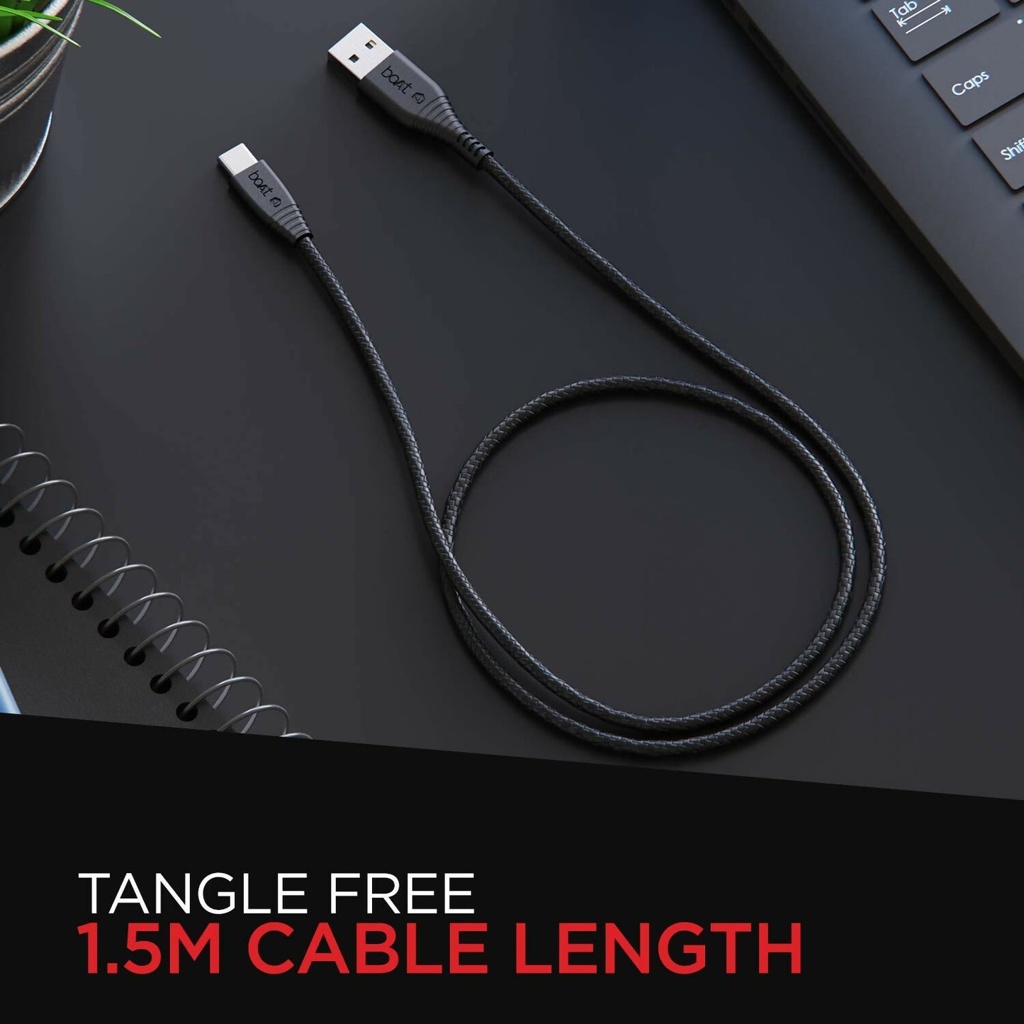 boAt Type C A325/A320 Tangle-Free, Sturdy Type C Cable, Compatible With Smartphones & Tablets 1.5Meter (Black)