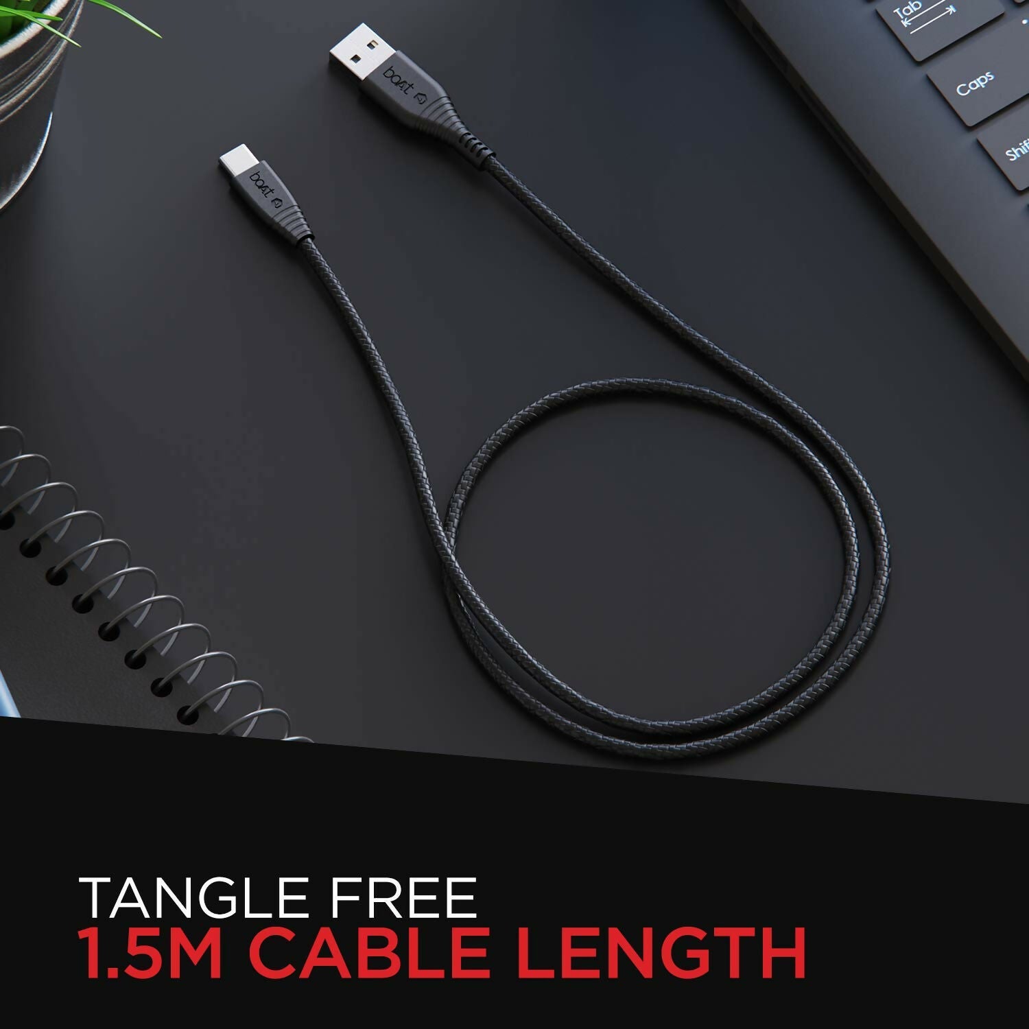 boAt Type C A320 Tangle-Free, Sturdy Type C Cable, Compatible With Smartphones & Tablets 1.5Meter (Black)