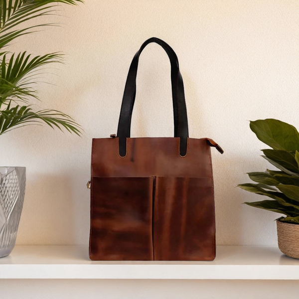 Rustic PU Leather Tote Bag with Black Handles – Stylish & Functional