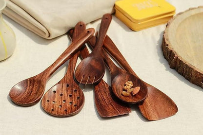 Wood Chop Sheesham Wood Serving Spoons Spatula for Non Stick Cookware (Set of 6) - HalfPe