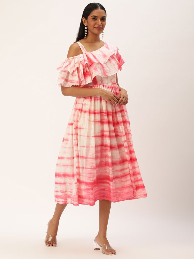Bollywood Vogue Ready To Wear Pink Tie N Dye Ruffled Dress