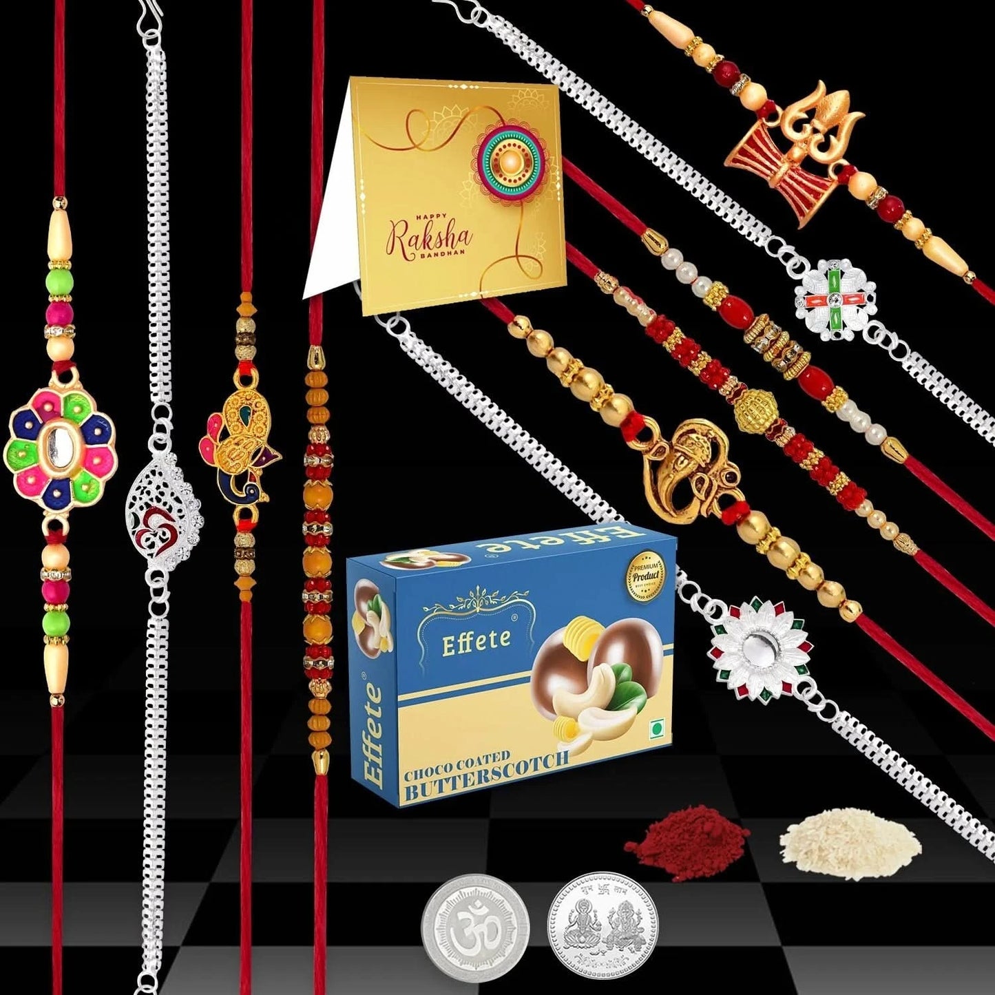 Designer 10 Rakhi Combo Gift Set For Brother With Choco Coated Butterscotch  Silver Coins Tilak Set  Greeting Card