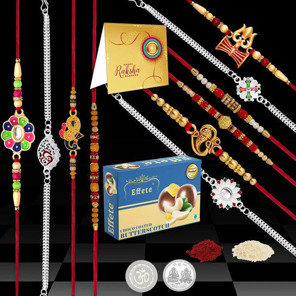Designer 10 Rakhi Combo Gift Set For Brother With Choco Coated Butterscotch  Silver Coins Tilak Set  Greeting Card