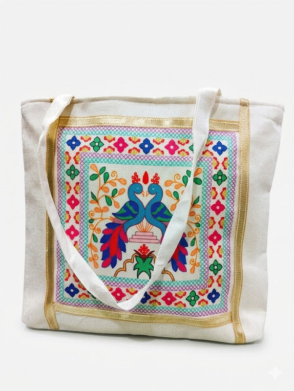 Buddy Cares Jute Tote Bag: Peacock Embroidery Print, Zipper, Cream & Gold Border – Default Title – view 4 – Buddy Cares