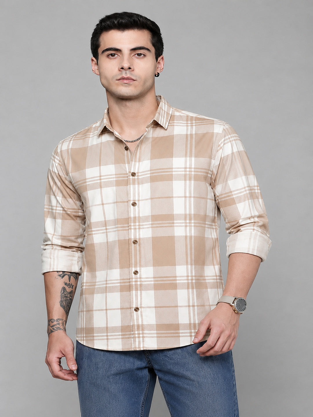 Henshika Men Checkered Casual Full Sleeve Shirt – New Chex – Beige