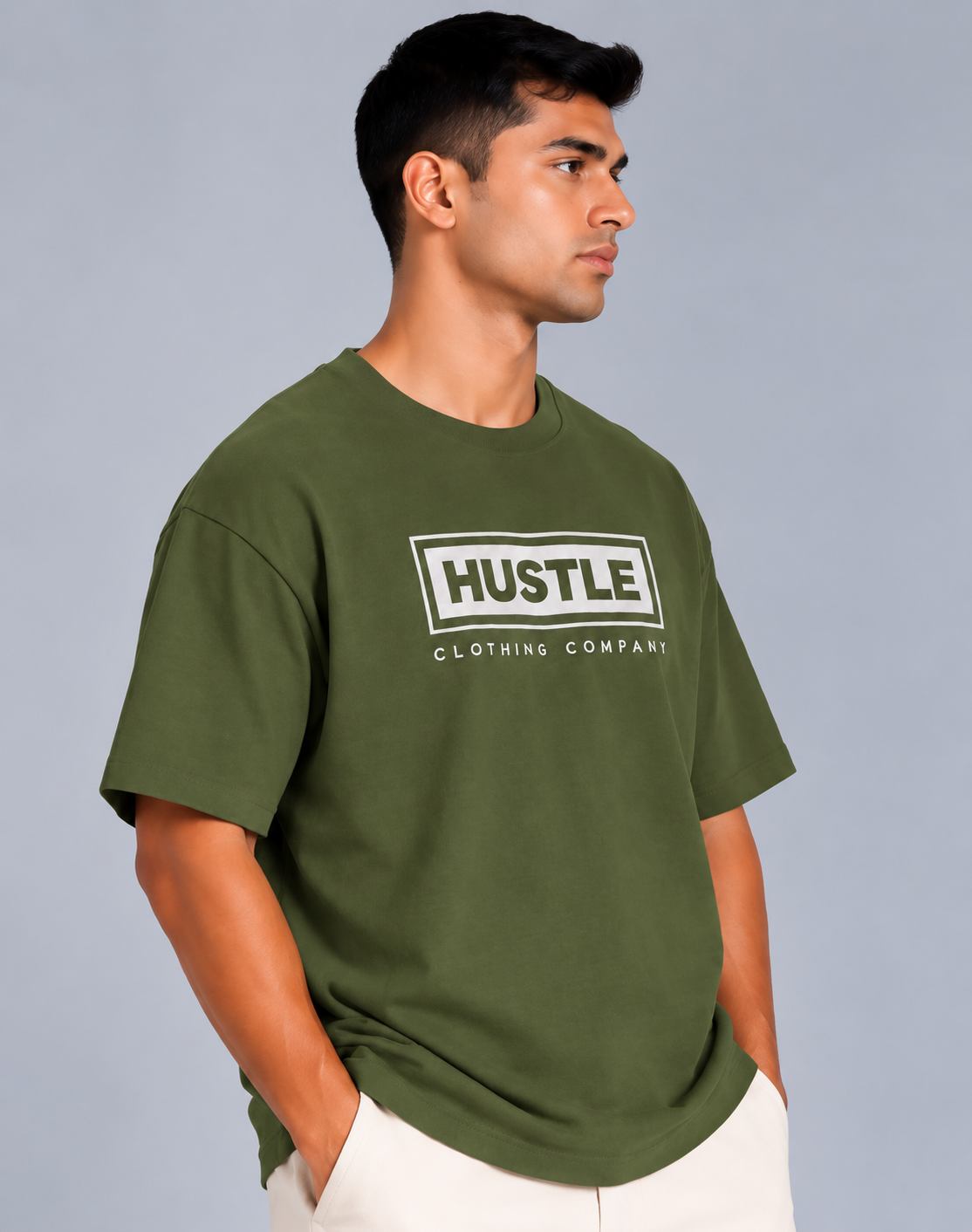 HUSTLE Men's Crew Neck Oversized Tees - Dark Olive Green
