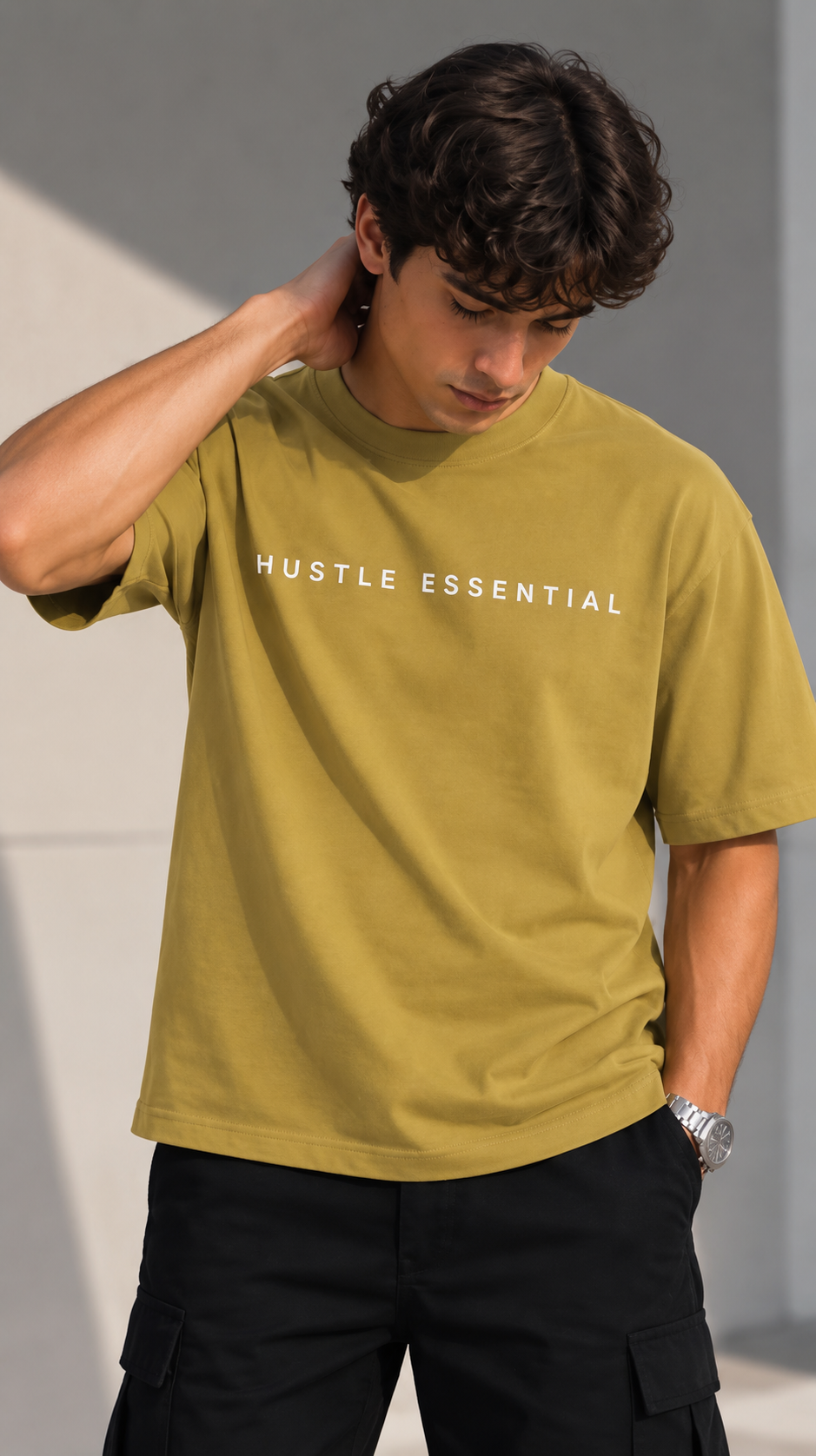 HUSTLE Essentials Men's Crew Neck Oversized Tees - Golden Olive