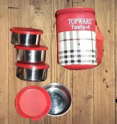 Topware Tasty 4 Lunch box 4 containers with insulated designer Bag Mix color Lunch Box Containers Set Of 4 (Red 4,1000ml)