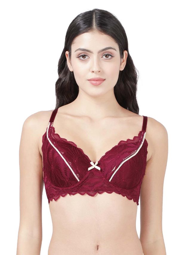 Susie 3/4th Coverage Sangira Red Seamed Padded Wired Adjustable Detachable Lace Bra