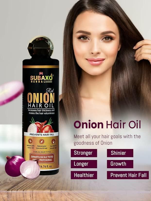 SUBAXO Red Onion Hair Oil Prevents Hair Fall Makes Hair Silkier & Stronger Herbal Hair Oil For Women & Men (200ml) - HalfPe