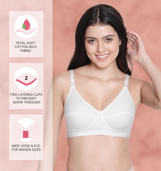 Susie 3/4th Coverage Non Padded White Wirefree Adjustable, Non Detachable Seamed Everyday Bra