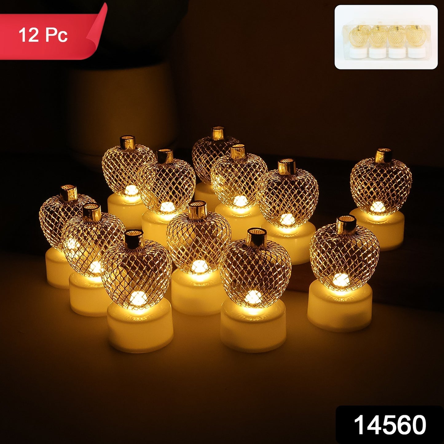 Decorative Apple Shape LED Tealight Candles with  Flameless Battery Operated Festive Lights for Home Décor (12 Pc)