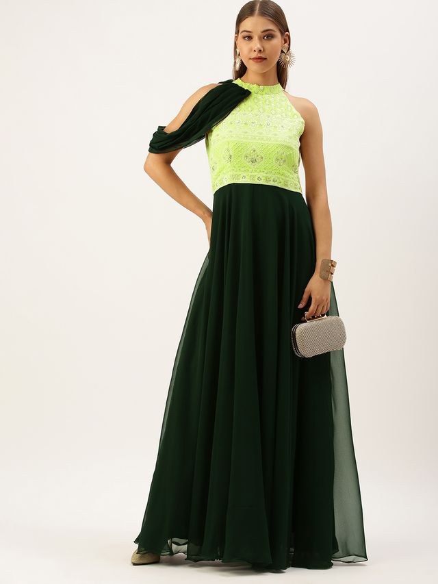 Bollywood Vogue Ready To Wear Bottle Green N Yellow Halter Neck Gown