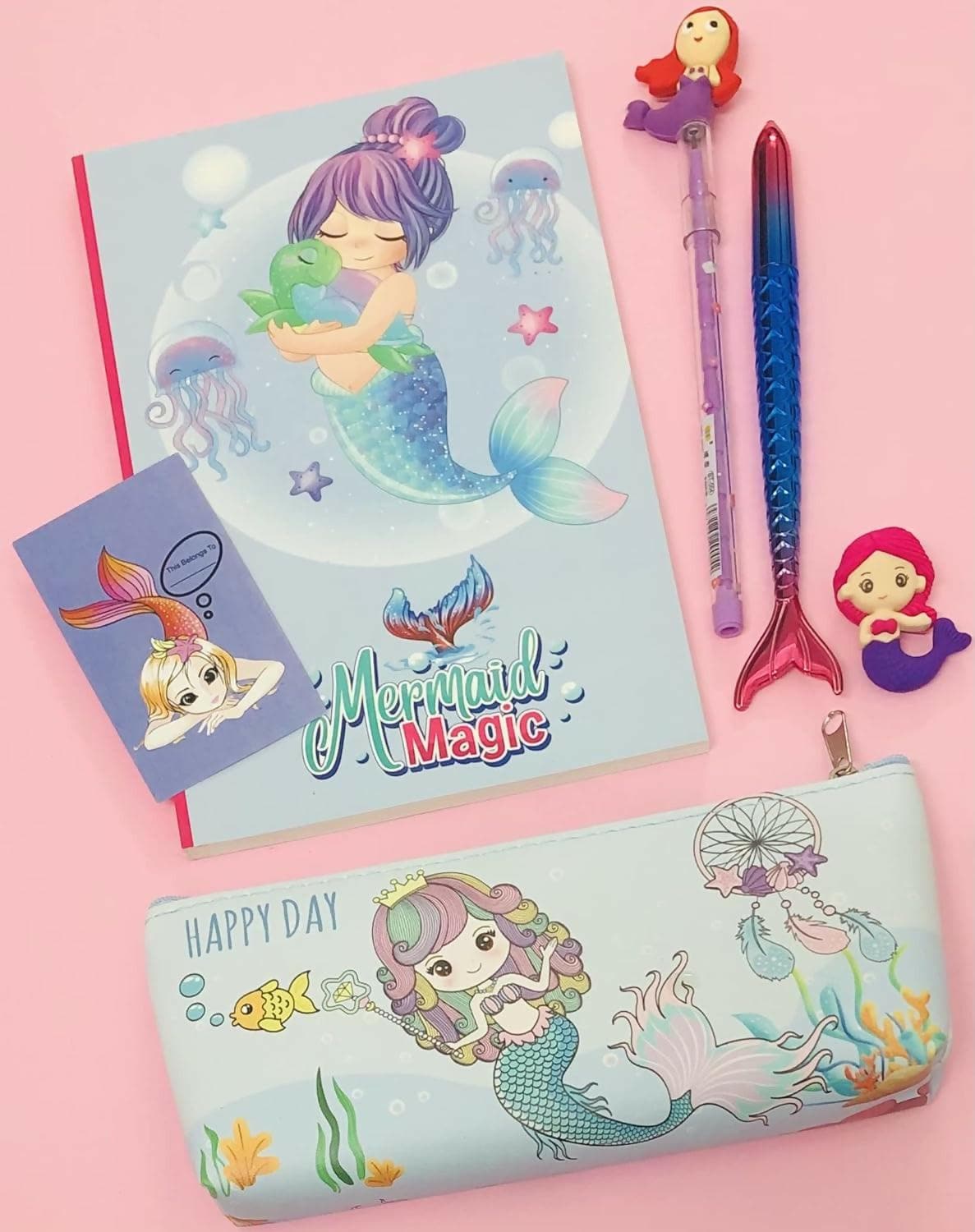 Mermaid Theme Diary Notebook , Pouch , Pen , Pencil , Eraser & Bookmark - HalfPe